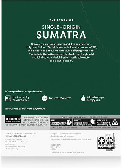 Starbucks K-Cup Coffee Pods, Dark Roast Coffee, Sumatra for Keurig Brewers, 100% Arabica, 4 boxes (96 pods total)