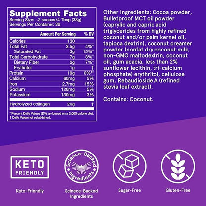 Bulletproof Chocolate Collagen Protein Powder with MCT Oil, 19g Protein, 42.3 Oz, Value Size, Collagen Peptides and Amino Acids for Healthy Skin, Bones and Joints
