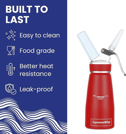 PRO Cream Dispenser, Durable High-Grip, Metal Lid with Rubber, 3 Nozzles, for Hot/Cold Use, Cleaning Brush Included, Red - 250 ml / 1 Pint