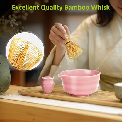Matcha Set, 9 Pcs Japanese Matcha Whisk Set Matcha Tea Set for Traditional Tea Ceremony, Ceramic Matcha Kit for Matcha Drinks Matcha Set Whisk and Bowl Gift for Starters & Matcha Lover, Pink