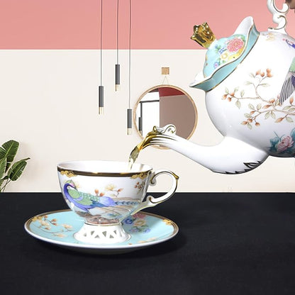 ACMLIFE Fine Bone China Tea Set with Teapot, Porcelain Tea Sets for Adults, 21-Piece Vintage Tea Set for 6, 24K Gold Blue English Floral British China Tea Sets for Women Tea Party for Gifts