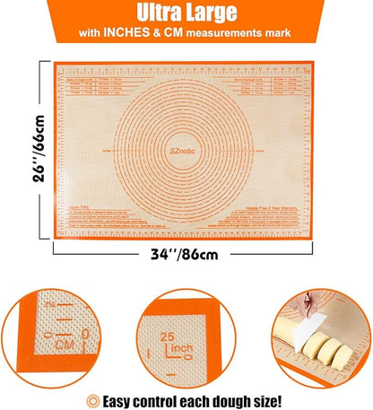 Silicone Pastry Mat 34'' By 26'' Extra Large Baking Mat with Measurements for Dough Rolling, Kneading Board, Kitchen Counter Mats, Perfect for Dough, Fondant, Pie Crust, Cookies, Bread, Pasta, Pizza