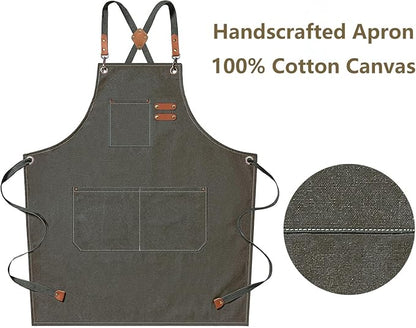 AFUN Chef Aprons for Men Women with Large Pockets, Cotton Canvas Cross Back Heavy Duty Adjustable Work Apron, Size M to XXL (Greygreen)