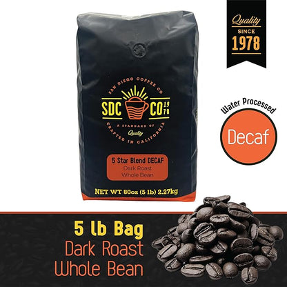 San Diego Coffee 5 Star Blend DECAF, Dark Roast, Whole Bean Coffee, 5-Pound Bag Café en grano tostado descafeinado