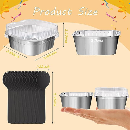 25 Pack Square Mini Cake Pans with Lids,Mini Loaf Pans with Lids,Aluminum Foil Baking Cups,Disposable Ramekins Cupcake Cups,Dessert Cups for Wedding Birthday Party Picnics,5oz (Silver)