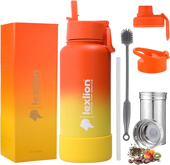 Lexlion 32 Oz Triple Walled Insulated Stainless Steel Fruit Infuser Bottle, Thermal Leaf Infuser, Silicone Sleeve, 3 Lids Leakproof, Metal Mug Gallon