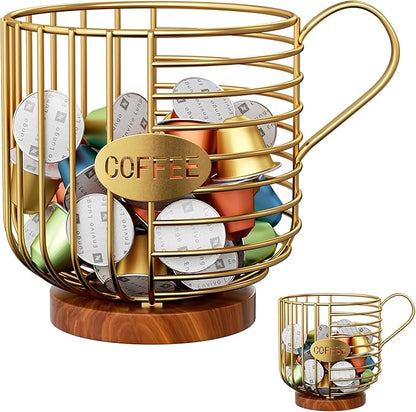 Coffee Pod Holder,Bar Accessories - Espresso Pod Holder - Large Capacity Black Wire Coffee Basket With Wooden Base