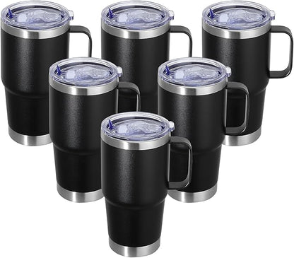 20 oz Stainless Steel Tumbler with Handle Bulk Metal Insulated Tumblers Travel Coffee Mug with Handle Double Wall Tumbler Cup with Lid and Straw, Black 6 Pack