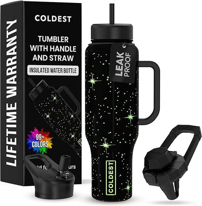 Coldest 40 oz Tumbler with Handle and Straw - 100% Leak Proof Insulated Tumbler with Lid and Straw (3 Lids) - Stainless Steel Tumblers for Women & Men - Cup Holder Friendly Base, 46 oz (Farther Away)