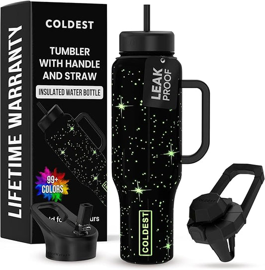 Coldest 40 oz Tumbler with Handle and Straw - 100% Leak Proof Insulated Tumbler with Lid and Straw (3 Lids) - Stainless Steel Tumblers for Women & Men - Cup Holder Friendly Base, 46 oz (Farther Away)