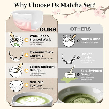 Matcha Whisk Set 7 PCS Pink Matcha Whisk Set Japanese Matcha Tea Set with Ceramic Bowl Bamboo Chasen Whisk Holder Spoon Stainless Steel Strainer Matcha Kit for Matcha Lovers