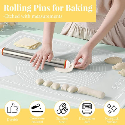 Adjustable Rolling Pin with 4 Thickness Rings for Baking, 17” Stainless Steel Dough Roller with Clear Measurement Markings for Pizza, Fondant, Pie, Cookies, Baking Supplies, Pastry, Pasta