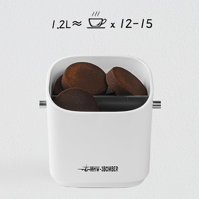MHW-3BOMBER Coffee Knock Box Mini Espresso knock box Square Non-Slip With Removable Knock Bar (White Set, 1.2L)