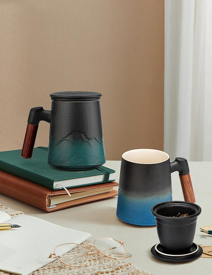 suyika Tea Cup with Infuser and Lid, 15.2 Ounce Wood Handle Ceramic Loose Leaf Mug Gradient Black&Blue 450ml