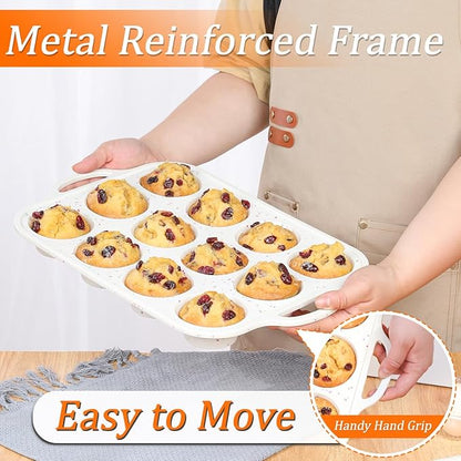 Silicone Muffin Pans for Baking, Metal Reinforced Frame Regular 12 Cups & Mini 24 Cups Cupcake Pan Set Nonstick Muffin Pan for Homemade Baking Easy to Handle