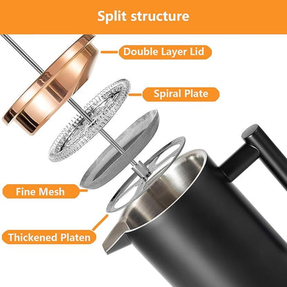 Small French Press 350ml Black, Double-Wall Insulated French Press Coffee Press Stainless Steel for travel camping, Single Cup Pour Over Coffee Maker Black(1 cup, 12 OZ)