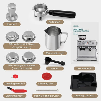 Gevi [2024 Upgraded Dual Boiler Espresso Machine EzBru 2000 | 58mm Grouphead | Barista Level Steam Wand | Built-in Grinder With 31 Size Settings | Full Stainless Steel Housing | Sterling Silver