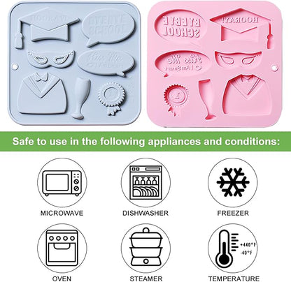 Graduation Chocolate Mold Set - Silicone Baking Molds with Cap, Gown, Champagne Flute & Diploma Phrases, Reusable Food-Grade for Commencement Cakes, Cupcakes & Party Treats - 2 Pack