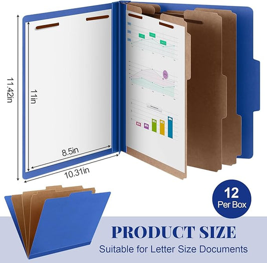 12 Pcs Classification Folders Letter Size, Back to School Supply for Teacher, Student, 3 Dividers Pressboard File Folder Bulk with 2 Fasteners, 3.5 Inch Expanding File Organizer (Dark Blue)