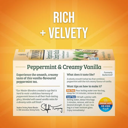 Twinings Peppermint & Creamy Vanilla Herbal Tea Individually Wrapped Bags, 20 Count (Pack of 1), Formerly Buttermint, Naturally Caffeine-Free, Enjoy Hot or Iced