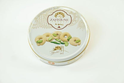 Zaitoune Ghraybeh Cookies - 1.1 lb | Luxurious Traditional Middle Eastern Pistachio Shortbreads Handcrafted in Turkey | Beautiful Reusable Gift Tin | Perfect for Dessert | Great Sharing Present