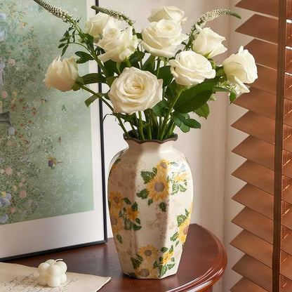 Vintage Pastoral Octagonal Vase, 9.3 Inch Ceramic Sunflower Flower Vases, Rustic Farmhouse Antique Chinoiserie Floral Vase for Wall Art Bedroom and Shelf Home Decor (Octagonal)