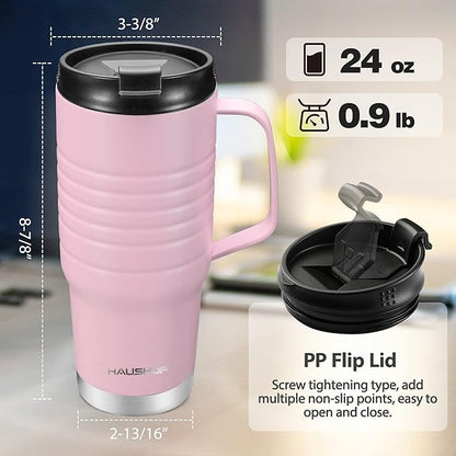 HAUSHOF 24 oz Travel Mug with Handle, Stainless Steel Vacuum Insulated Coffee Double Wall Travel Mugs with Leakproof Lid, BPA Free