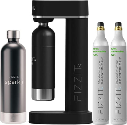 Black Stainless Steel Sparkling Water Maker with 2 CO2 Cylinders & 1L Reusable Bottle