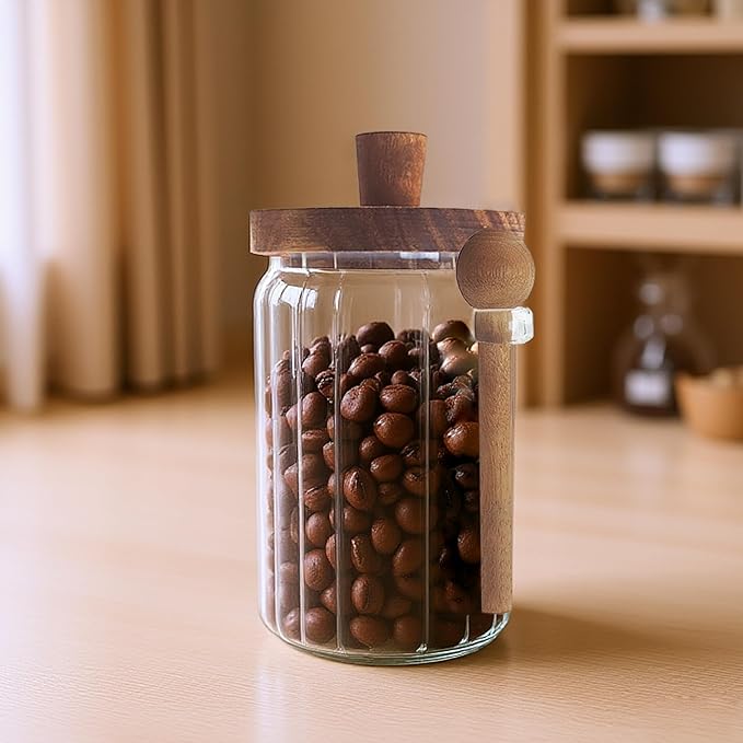 Glass Food Storage Jars with Handles Wood Lid and Spoon, 25 oz Glass Kitchen Canisters for Coffee, Tea, Cereal, Spice and Canning, Mason Jars, Cute Jar