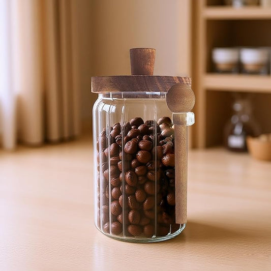 Glass Food Storage Jars with Handles Wood Lid and Spoon, 25 oz Glass Kitchen Canisters for Coffee, Tea, Cereal, Spice and Canning, Mason Jars, Cute Jar