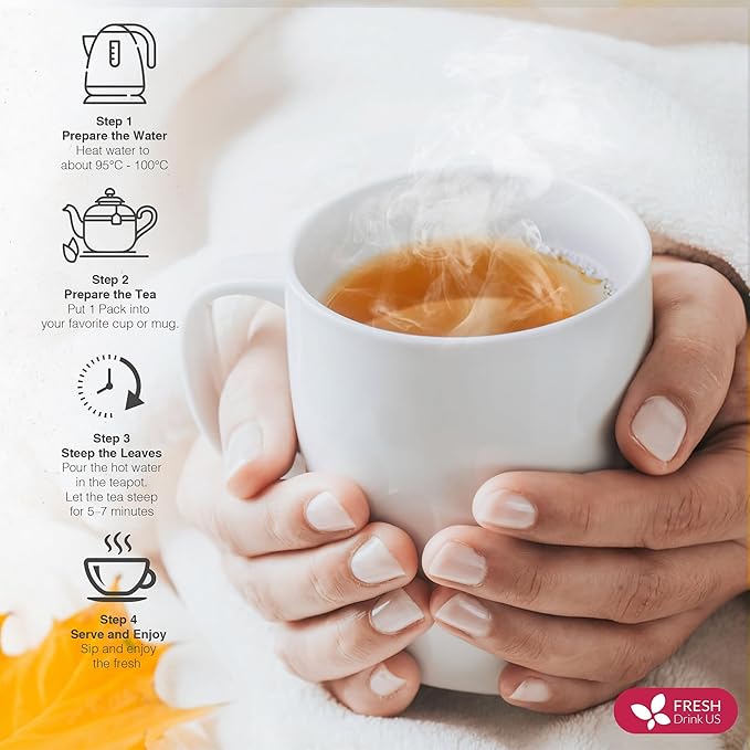 FreshDrinkUS, 40 Tea Bags - Menopause Support Herbal Tea – Soothing Blend with Rhubarb, Hibiscus, Valerian, Passiflora, Ashwagandha, Fennel & Chamomile, Caffeine-Free, Vegan, Non-GMO