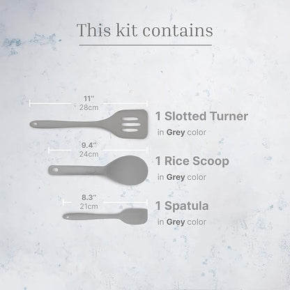 Silicone Utensils 3-Piece Set – Rubber Spatula, Slotted Turner, and Rice Paddle – Complete Heat-Resistant Set for Non-Stick Cookware – Kitchen Tools and Accessories for Cooking & Baking – Grey