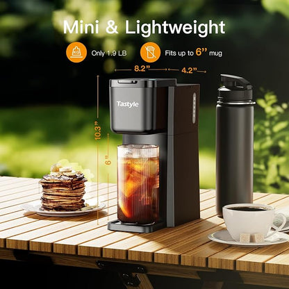 Mini Hot and Iced Coffee Maker Single Serve, for K Cup and Ground, 6 to 14 Oz Brew Sizes, with Recipe Book, for Home, Travel, RV, Office and Dorm, Classic Black (2.0 Version)