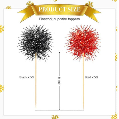 Chinco 100 Pcs Foil Firework Cupcake Toppers Sparkle Tinsel Cake Toppers Cake Decoration Cocktail Fruit Toothpick for Birthday Wedding Graduation Party(Red, Black)