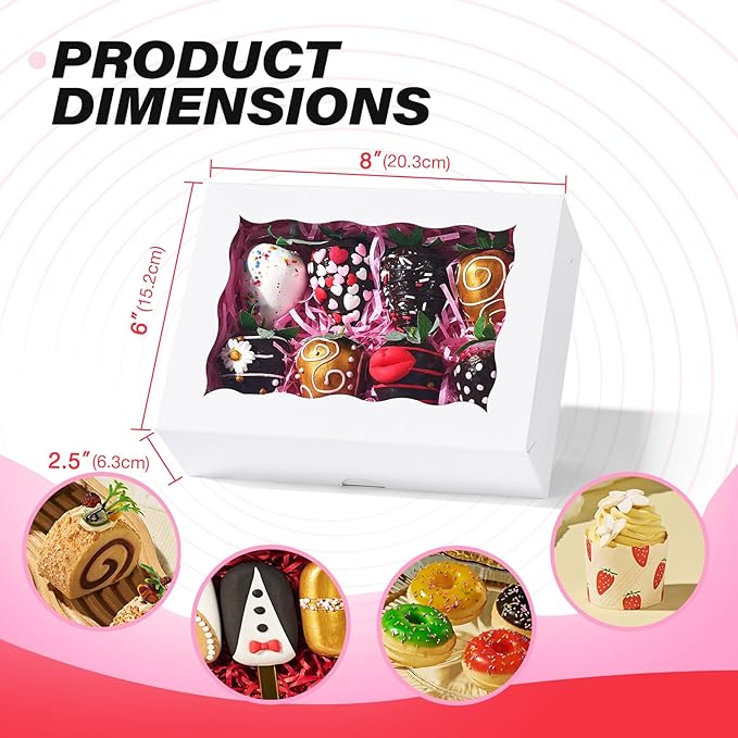 8x6x2.5 Inch 50PCS Baking Boxes with Window for Pastry,Treat,Macaron,Dount,Cookies,Chocolate Covered Strawberries,White Bakery Boxes Strawberry Boxes,Muffins