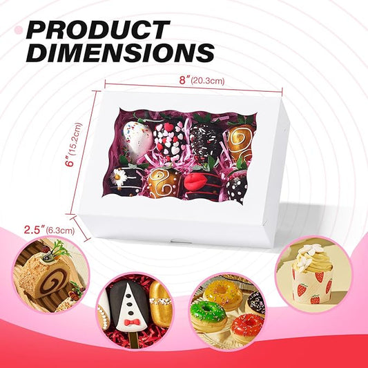 50PCS 8x6x2.5 Inch White Bakery Boxes with Window, Pastry Box for Chocolate Strawberries, Macarons, Truffles, Perfect for Valentine's Day, Mother's Day, Christmas Party Favors & Holiday