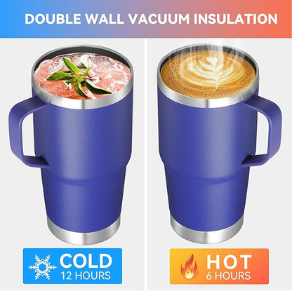 VEGOND 20 oz Tumbler Bulk with Handle Lid and Straw, Stainless Steel Insulated Travel Coffee Mug Set, Spill Proof Double Wall Metal Tumblers Cups, Powder Color Royal Blue 12 Pack