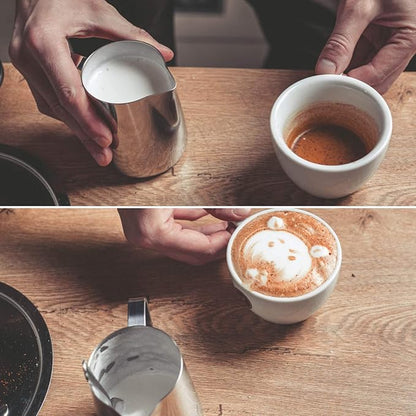 Milk Frothing Pitcher Cup, 12oz/350ML Milk Frother Cup Stainless Steel Steaming Pitcher Milk Jug Coffee Latte Art Cappuccino Espresso Machine Accessories Barista Steam Pitchers Attached Dessert Spoons