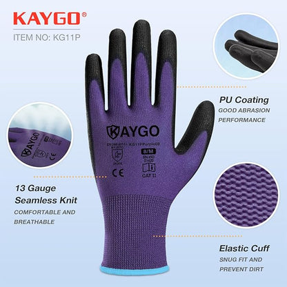 KAYGO Safety Work Gloves PU Coated,12 Pairs KG11PB Seamless Knit Glove for Men and Women, with Smooth Grip on Palm and Fingers, Ideal for General Duty Work (L, Purple)