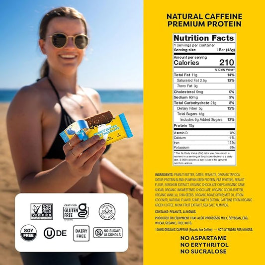 Quantum Energy Square: Energy Bar with Caffeine & 10g Protein. Delicious Healthy Snack On The Go. (Vegan, Gluten-free, Soy-free, Dairy-free) (Peanut Butter Dark Chocolate)