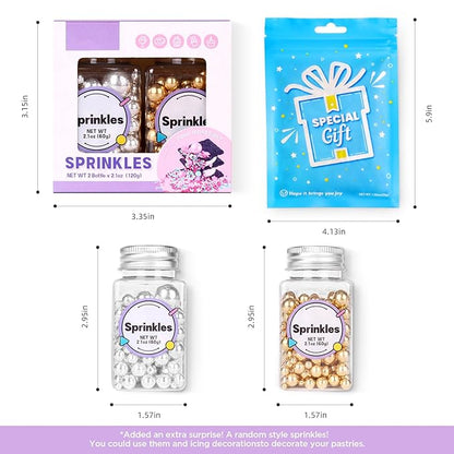 Pearl Sprinkles for Cake Decorating, Gold Pearl Sprinkles, Sliver Pearls Sprinkles, Sugar Pearls, Metallic Sprinkles Mix for Cake, Cupcakes, Macaron, Ice Cream, and Cookies. (120g/4.2oz)