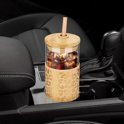 Tronco 20 oz Glass Tumbler with Straw and Lid- Glass Cup with Lid and Straw, Iced Coffee Cup Reusable, Smoothie Cups, Bamboo Lid and Protective Silicone Sleeve - BPA-Free