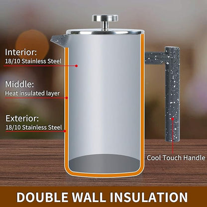 French Press Coffee Maker 34oz with Double-Insulated Stainless Steel Large Metal Coffee Press with 3 Layer Filtration System for Ultimate Coffee Tea Brewing in Travel Camping or Home