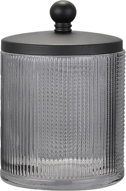 Glass Jar with Metal Lid for Bathroom Organization, Clear Apothecary Jar for Cotton Balls, Q Tips, and Small Accessories, Stylish Bathroom Storage Container Grey, Black