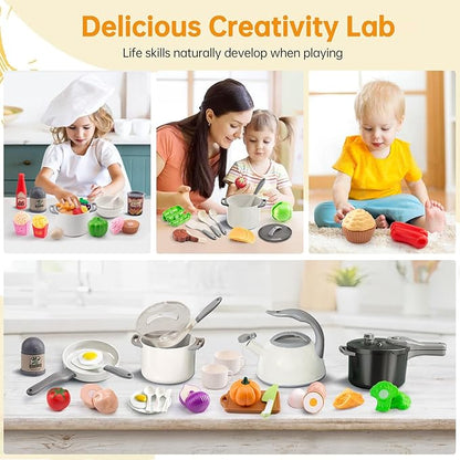 100Pcs Kitchen Playset, Kids Pretend Cooking Play Pots, Pans, Utensils, Cookware, Toy Food Fruits Veggies, with 2 Large Apple - Shaped Storage, Toddler Cooking Learning Gift (White)