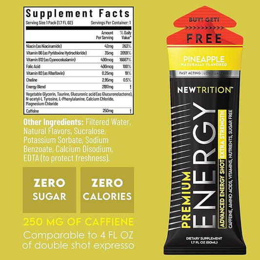 NewTrition® Extra Strength Energy Shots, 250mg Caffeine Energy Shots with Vitamin B & Amino Acids, Sugar-Free Vitamin Energy Shot, 1.7 fl oz (Pack of 12, Pineapple)
