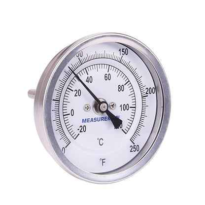 MEASUREMAN Fully Stainless Steel Pot, Kettle, Brewing Bimetal Thermometer, 3" Dial, 2-1/2" Stem, 0-250 deg F/-20-120 deg C, -1% Accuracy, Adjustable, 1/2" NPT Back Mount