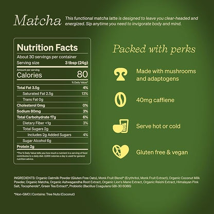 Clevr Blends Organic Matcha Green Tea Latte, Instant Ceremonial Grade, Superfood Powder Blend with Oat Milk, Lions Mane, Reishi Mushroom, Coconut Cream, Ashwagandha, Serve Hot or Iced, (30 Lattes)