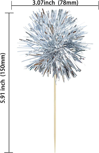Ephlyn 30Pcs Foil Firework Cupcake Toppers Sparkle Tinsel Cupcake Picks Happy Birthday Cake Toppers Drink Stirrers Cocktail Food Fruit Toothpicks for Baby Shower Birthday Party Supplies Silver