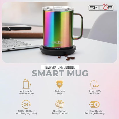 SMLDR Pro Heated Mug, 14 oz Smart Mug, Self-Heating, Adjustable Temperature, Battery Powered Heated Coffee Mug, Quick Recharge Time, Great for Coffee & Tea, Excellent Gift (Rainbow)